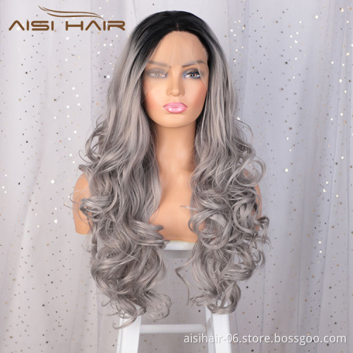 Aisi Hair Cosplay Synthetic Ombre Gray Dark Root Wig Long Wavy Swiss Lace Wig Body Wave Lace Frontal Hair Wigs For Black Women